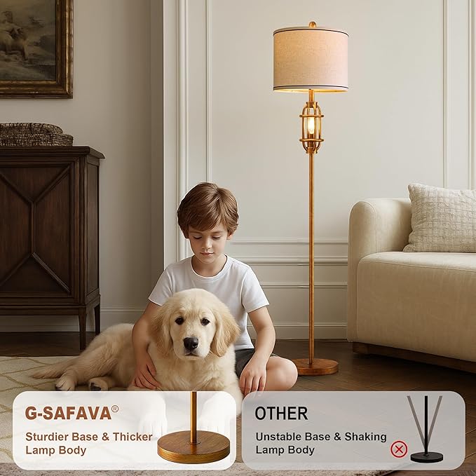 G-SAFAVA 62.5" Floor Lamp for Living Room Industrial Gold Standing Tall Lamps for Bedroom Mid Century Modern Corner Floor Lamps for Office Nursery Reading Light Room Lamp, Bulbs Included