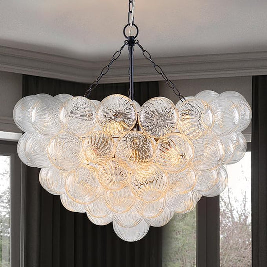 Hand Blown Glass Bubble Ball Chandelier Black Finish 32" Pendant Light Fixture Art Deco Cluster Ribbed Glass Swirled Globe Lighting for Bedroom Dining Room Restaurant Bathroom Entry
