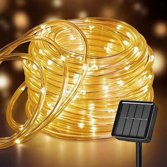 Brightown Solar Rope Lights, 1 Pack 39FT 100 LED Warm White Solar String Lights Outdoor, IP65 Waterproof Solar Powered Fairy Lights with 8 Lighting Modes for Yard Garden Patio Tree Decoration