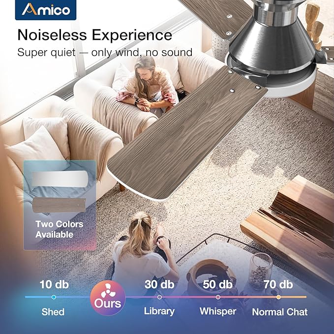 Amico 2 Pack Ceiling Fans with Lights, 42 inch Low Profile Ceiling fan with Light and Remote Control, Flush Mount, Reversible, 3CCT, Dimmable, Noiseless, Nickel Ceiling Fan for Bedroom, Indoor/Outdoor