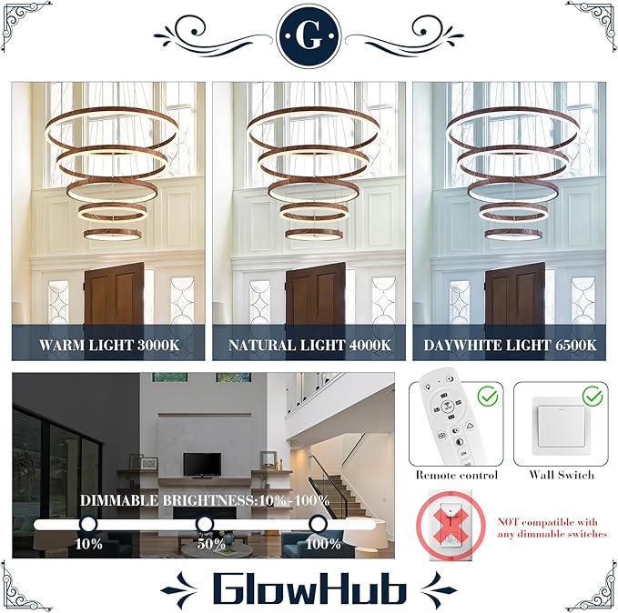 5 Ring LED Chandelier Wood Grain Finish Modern Round Chandelier Dimmable Foyer Pendant Light Fixture with Remote High Ceiling Hanging Chandelier for Dining Room Living Room Staircase, D24" 3000-6500K