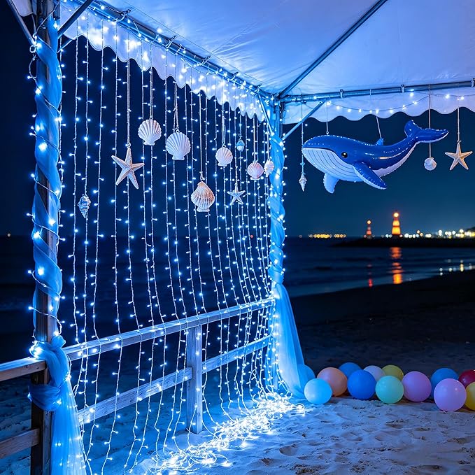 1500 LED 470FT Blue Birthday Party Decorations String Lights with 12 Modes Timer Dimmable, Waterproof Green Wire Christmas Lights Outdoor, Plug in Fairy Lights for Wedding, Ocean Party, Xmas Decor