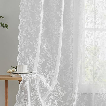 FINECITY White Lace Curtains 63 Inch Length for Bedroom, Rustic Leaf Floral Design Lace Curtain Panels, Rod Pocket Farmhouse Privacy Sheer Lace Curtains, 42 x 63 Inch, 2 Panels, White