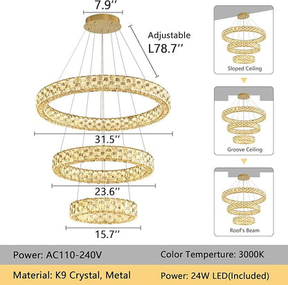 Rings LED Chandelier Modern Crystal Chandeliers Dimmable Pendant Light Fixture with Remote for Dining Room Living Room Gold