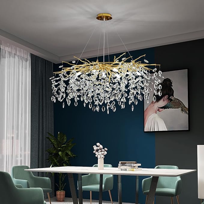 Modern Crystal Tree Branch Chandelier Gold L40'', Large Art Deco Linear Rectangle Raindrop Indoor Hanging Lighting Fixture for Dining Room Kitchen Island Living Room 12 Lights
