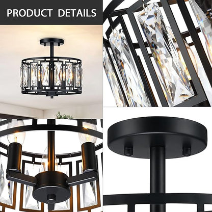 Modern Crystal Semi Flush Mount Ceiling Light Black Close to Ceiling Light Fixtures,3-Light Ceiling Light for Dining Room Bedroom Kitchen Island Hallway Entryway