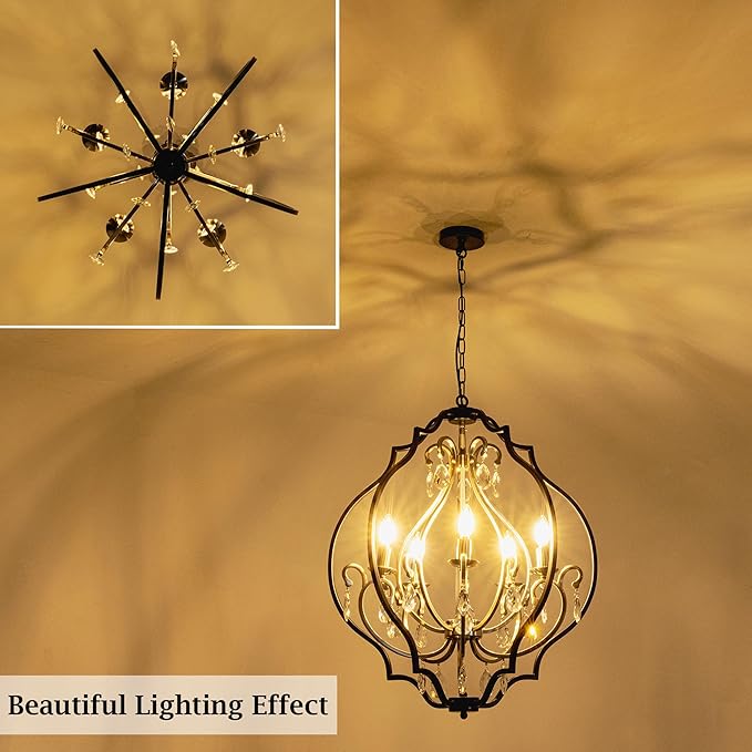 TOCHIC 5 Lights Farmhouse Chandelier, Rustic Orb Chandeliers for Dining Room, Black Crystal Chandelier Light Fixture for Living Room, Bedreoom, Hallway, Nickel, D 27"