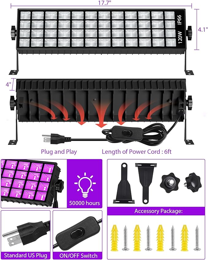 Upgraded 120W LED Black Light Bar, Premium LED Blacklight Flood Light with Plug+Switch+6ft Cord, Light Up 5000ft² Area, for Halloween Glow Fluorescent Party Bedroom Game Room Body Paint Stage