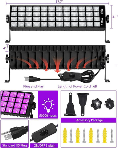 Upgraded 120W LED Black Light Bar, Premium LED Blacklight Flood Light with Plug+Switch+6ft Cord, Light Up 5000ft² Area, for Halloween Glow Fluorescent Party Bedroom Game Room Body Paint Stage