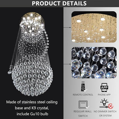 D40'' x H120'' Crystal Chandelier for Entryway High Ceiling Chandeliers Glam Chandelier Modern Large Raindrop Chandeliers LED Dimmable Light Fixtures for Staircaes Foyer Living Room Gold