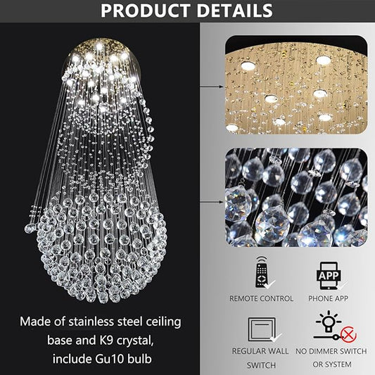 D40'' x H120'' Crystal Chandelier for Entryway High Ceiling Chandeliers Glam Chandelier Modern Large Raindrop Chandeliers LED Dimmable Light Fixtures for Staircaes Foyer Living Room Gold