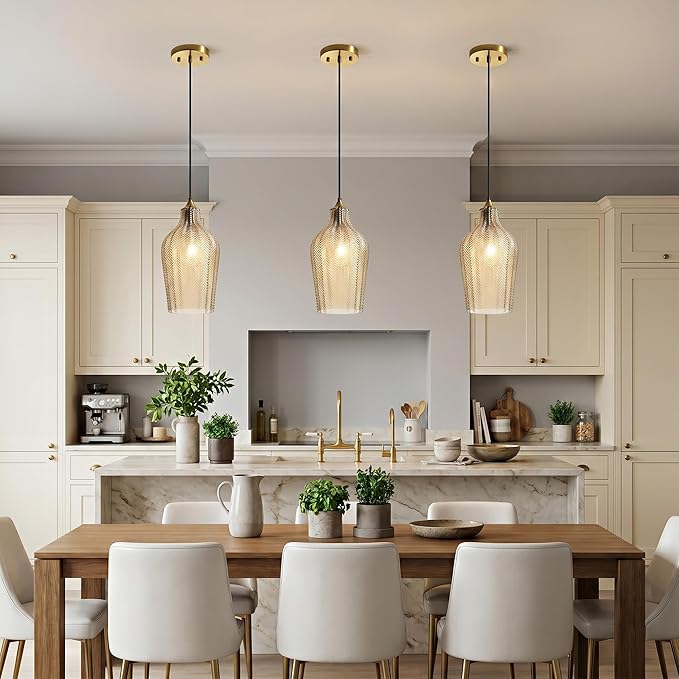 Amber Glass Gold Pendant Light, Farmhouse Kitchen Island Pendant Light Fixture Adjustable Vintage Hanging Ceiling Light for Dining Room Corridor Bedroom 1 Pack, UL Certification