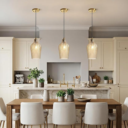 Amber Glass Gold Pendant Light, Farmhouse Kitchen Island Pendant Light Fixture Adjustable Vintage Hanging Ceiling Light for Dining Room Corridor Bedroom 1 Pack, UL Certification
