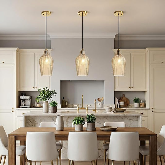 Amber Glass Gold Pendant Light, Farmhouse Kitchen Island Pendant Light Fixture Adjustable Vintage Hanging Ceiling Light for Dining Room Corridor Bedroom 1 Pack, UL Certification