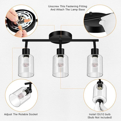 3 Light Led Track Lighting Kit, Glass Lightshade, Modern 3 Way Ceiling Spot for Kitchen, Dining Room, Bedroom, Hallway, Flexibly Rotatable Head, Black, GU10 Bulb Not Included