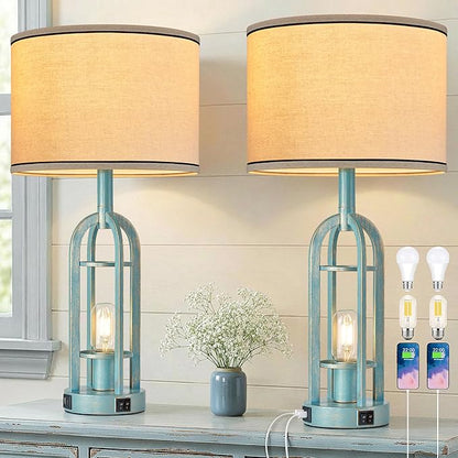 SRJJA Table Lamps for Living Room Set of 2 - Modern Farmhouse Lamps for Night Stands with Night Light & USB A+C, 24" Vintage Bedside Lamp for Bedroom, Bulbs Included