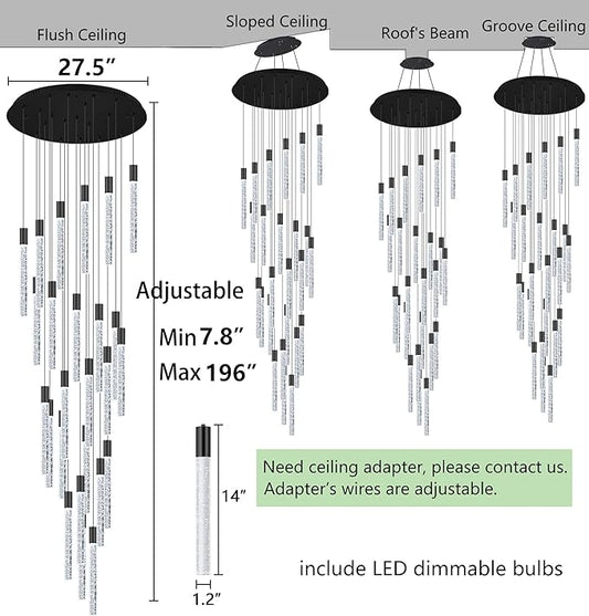 HAIXIANG 16 Foot Chandeliers for Living Room Entryway High Ceiling Light Fixtures Sloped Flush Mount Ceiling Pendant Lighting Dimmable Chandelier with Remote LED Crystal Pendants Lighting Black Light