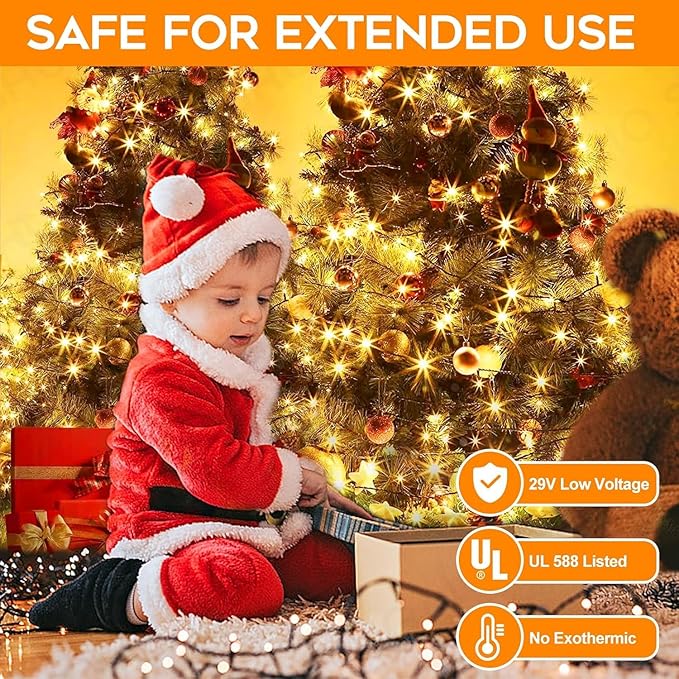 FairyGlim Christmas Lights Outdoor 100LED 33FT, Green Wire Connectable Christmas String Lights | 8 Modes Twinkle Fairy Lights Plug in with Timer, for Indoor Outside Xmas Trees Garden Party, Warm White