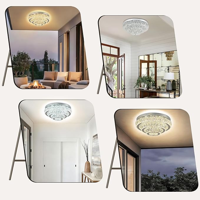 Modern 3-Tier Round Crystal Ceiling Light, 17.7" Flush Mount Chandelier, 3 Color Temperatures via Wall Switch, K9 Crystal LED Ceiling Lamp for Living Room Bedroom Dining Room Hallway, Non-Dimmable