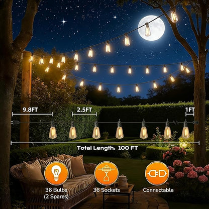 GPATIO Outdoor String Lights, 100FT ST38 Bulbs Shatterproof Patio Lights, Waterproof Dimmable Outside Hanging Light, Connectable LED Outdoor Lights for Backyard, Porch, Party, Garden, Home Decor
