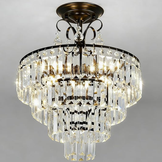 Black Crystal Chandeliers,4 -Lights Modern Crystal Chandelier for Dining Room,4 Tiers Small Chandeliers for Living Room Bedroom Kitchen Entryway E12 Base