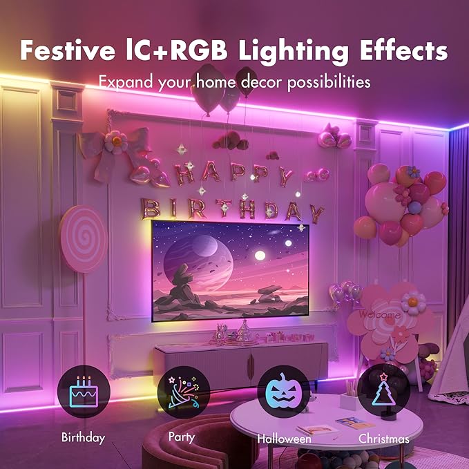 Led Lights for Bedroom 50FT Smart IC+RGB, Music Sync Color Changing Strip Lights, 24Key Remote+App Control Light Strip for BedHead,Underbed,Ceiling,Background Wall