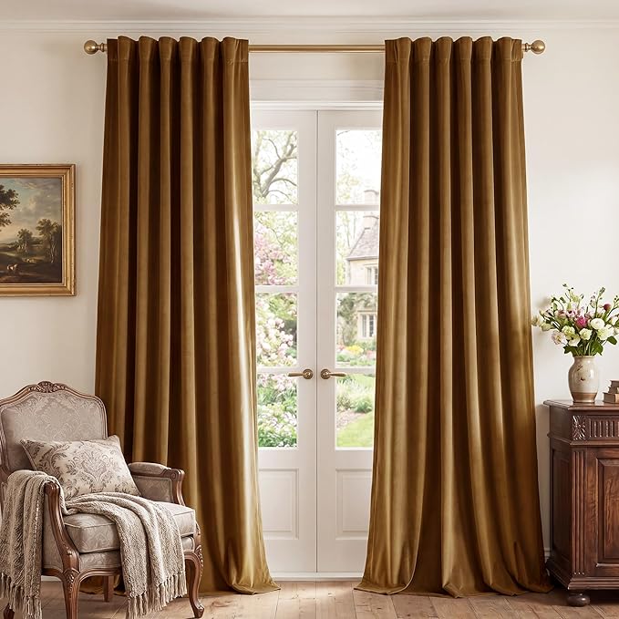 StangH Gold Brown Velvet Blackout Curtains 132 inches High Ceiling Tall Winter Curtains Back Tab Thermal Insulated Door Drapes for Living Dining Room Office, W52 x L132, 2 Panels