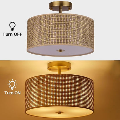 13" Woven Rattan Boho Ceiling Light Fixture, 3-Light Modern Semi Flush Mount Lamp with Drum Fabric Shade, Rustic Brown Lighting for Bedroom, Dining Room, Living Room, Hallway, Entryway