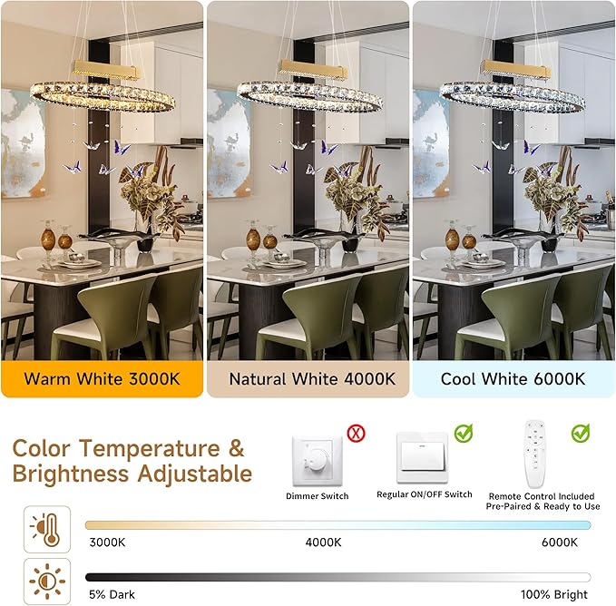 L 24" LED Gold Crystal Butterfly Chandelier, Dimmble LED Light Fixtures with Remote, Gold Modern Oval Crystal Chandeliers, for Dining Room, Kitchen Island, Entryway, Living Room, Bedroom