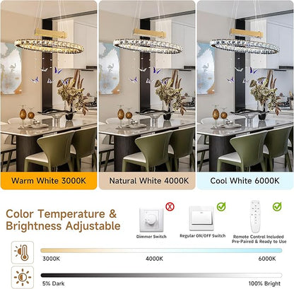 L 24" LED Gold Crystal Butterfly Chandelier, Dimmble LED Light Fixtures with Remote, Gold Modern Oval Crystal Chandeliers, for Dining Room, Kitchen Island, Entryway, Living Room, Bedroom