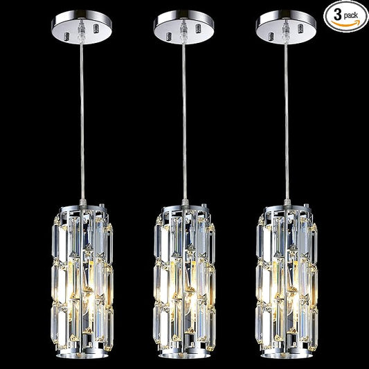 Pendant Lights Kitchen Island Modern Chrome Pendant Light Fixtures, Island Pendant Lights for Kitchen, mini pendant lights Crystal, Adjustable Hanging Lights Fixture for Dinning Room (Chrome 3-Pack)