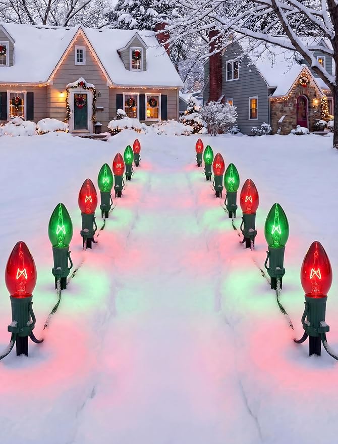 C9 Vintage Christmas String Lights, 25Ft Red & Green with 26 C9 Bulbs, Outdoor Hanging Patio Lights for Christmas Tree, Path, Roofline, Wedding Party Decoration