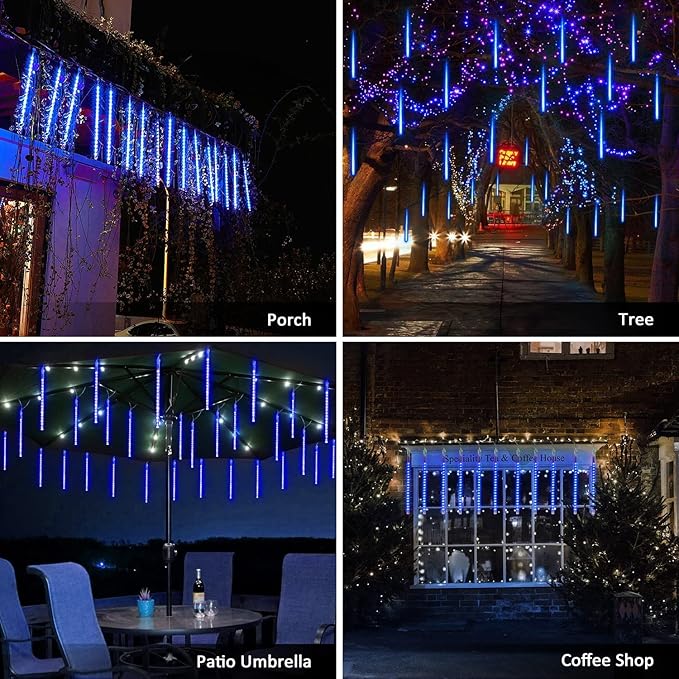 JMEXSUSS 2 Pack Solar Meteor Shower Lights, Blue Meteor Cascading Rain Lights, Waterproof for Tree/Garden Party Christmas Decor - 16 Tubes, 288 LED