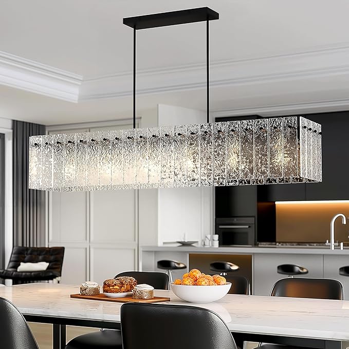 Modern Black Rectangle Chandelier, 48" Dining Room Chandelier with Water Ripple Glass, Linear Crystal Chandeliers for Dining Room, Living Room, Kitchen Island