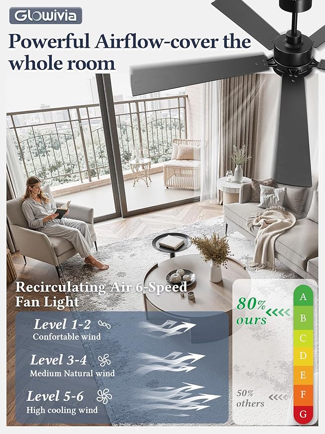60 Inch Ceiling Fan with Lights and Remote, Smart APP Control, Dimmable with All-Setting Memory, Quiet DC Motor Reversible Blades, Damp Rated Modern Ceiling Fan for Bedroom Patio Living Room