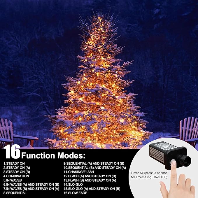 LAMPHOME 66ft Golden Christmas Decorative Mini Lights,200 LED Green Wire Fairy Starry String Lights Plug in, 16 Lighting Modes for Indoor Outdoor Xmas Tree Wedding Party (Yellow)