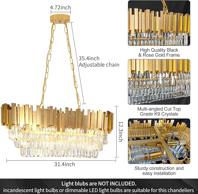 Modern Rectangular Chandelier Luxury Gold Crystal Chandelier,E12 Base Oval Contemporary Ceiling Hanging Light, Linear Ceiling Pendant Light for Living Room Dining Room Entryway L32in