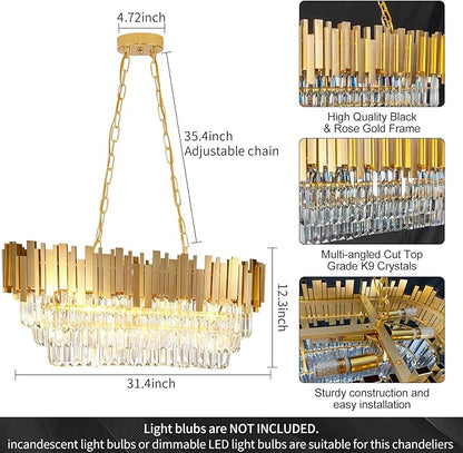 Modern Rectangular Chandelier Luxury Gold Crystal Chandelier,E12 Base Oval Contemporary Ceiling Hanging Light, Linear Ceiling Pendant Light for Living Room Dining Room Entryway L32in