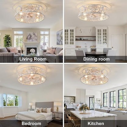 Garwarm 20" Caged Ceiling Fan With Light, Flush Mount Bladeless Fandelier With Remote, Small Low Profile for Bedroom, Kitchen, Dining Room, White Gold