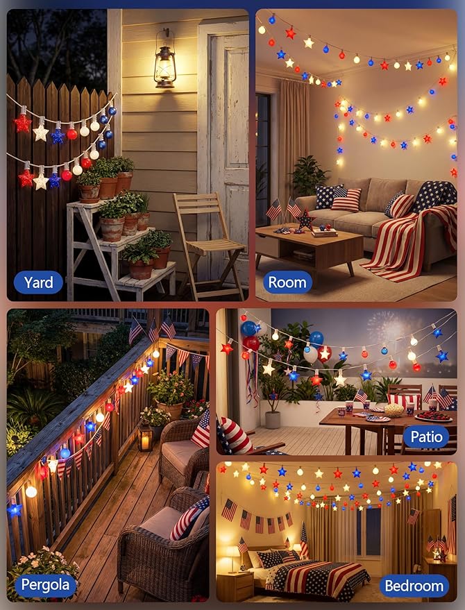 25FT Patriotic String Lights Outdoor, 25 LED Red White and Blue Star & G40 Globe String Lights, End-to-End Connectable for 4th of July Independence Day Decorations, Patriotic Anniversary, White Wire