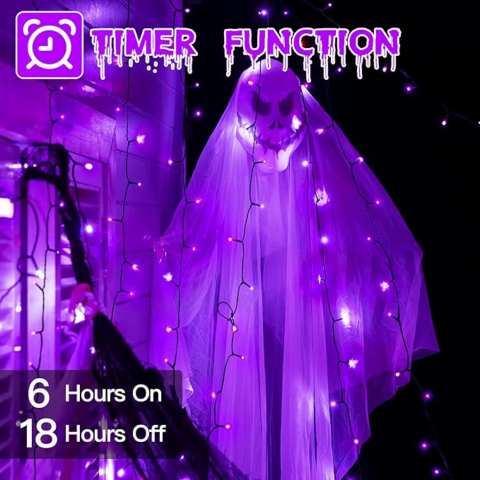 Guhope 66FT 200 LED Halloween Lights, Purple Halloween Lights Outdoor with 8 Lighting Modes, Waterproof String Lights for Halloween Christmas Outdoor Party Yard Garden Decoration