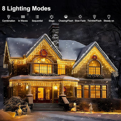 LED Icicle Lights for Outdoor Christmas Decorations,39.4Ft 400 LEDs Christmas Fairy Light with Timer&Memory Function,8 Lighting Modes,Plug in hanging Curtain Lights for Xmas Party Wedding(Warm White)