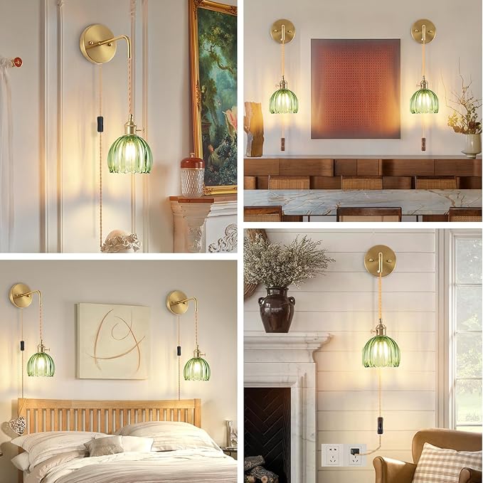 Plug-in Wall Sconce (Set of 2), Vintage Wall Decorative Lamp with Green Glass Shade, Indoor Plug-in Wall Sconce for Bedroom, Living Room, Bathroom, Hallway