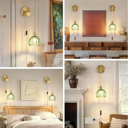 Plug-in Wall Sconce (Set of 2), Vintage Wall Decorative Lamp with Green Glass Shade, Indoor Plug-in Wall Sconce for Bedroom, Living Room, Bathroom, Hallway