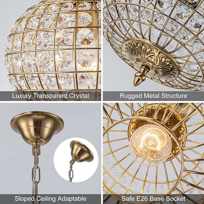 12" Globe Crystal Chandelier, Farmhouse Round Gold Crystal Pendant Light 1-Light Antique Foyer Chandelier for Dining Room Living Room Hallway Entryway