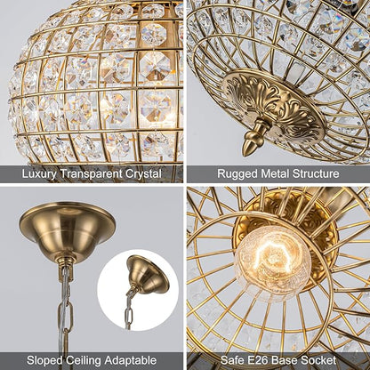 12" Globe Crystal Chandelier, Farmhouse Round Gold Crystal Pendant Light 1-Light Antique Foyer Chandelier for Dining Room Living Room Hallway Entryway
