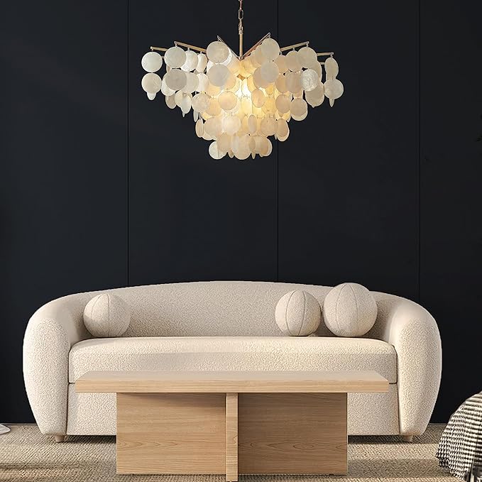 ALOADECOR 6-Light 30" Cone Shape 5-Tier Coastal Capiz Shells Chandelier with Antique Gold Metal Farmhouse Natural Seashell for Dining Room Living Room