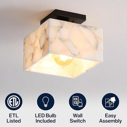 JONATHAN Y 8" White Marbling/Black Modern 1-Light Semi Flush Mount Ceiling Light for Bedroom, Cube White Alabaster Marble Shade, Mid-Century Minimalist Fixture, LED Bulb Included (JYL1203B)