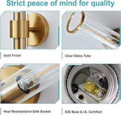 Gold Wall Sconce 2 Pack Hardwired, Bathroom Light Fixtures Clear Glass Featuring Two E26 sockets, Vanity Lights Fixtures for Bathroom, Dimmable - Bulb Not Included, UL Certification