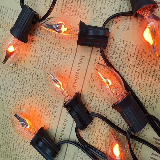C7 Christmas Flicker Flame String Lights, 25Ft C7 Outdoor Christmas Decorations String Lights with Clear Flicker Flame Bulbs, Hanging Patio Lights for Christmas Halloween Party Garden Porch-Black